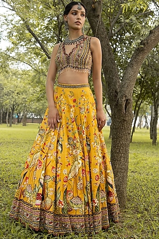 Yellow Hand Embroidered & Handpainted Lehenga Set by Kalista