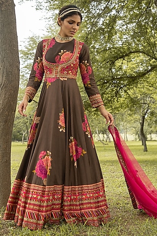 Brown Floral Hand Embroidered Anarkali Set by Kalista