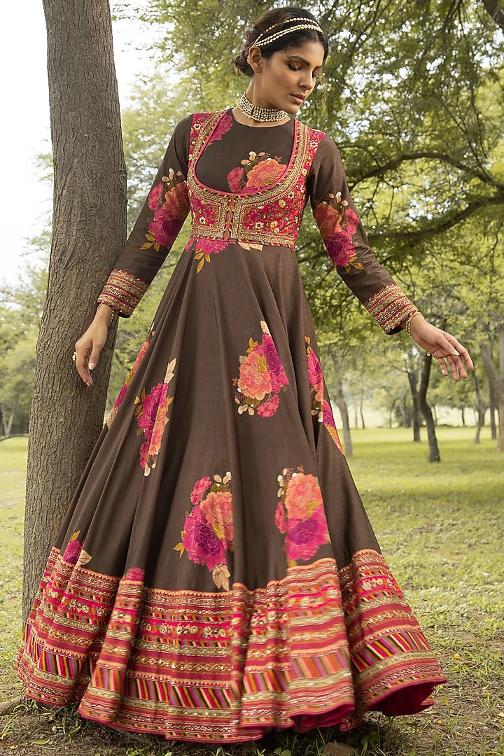 Brown Floral Hand Embroidered Wedding Anarkali Set by Kalista at Pernia's Pop Up Shop