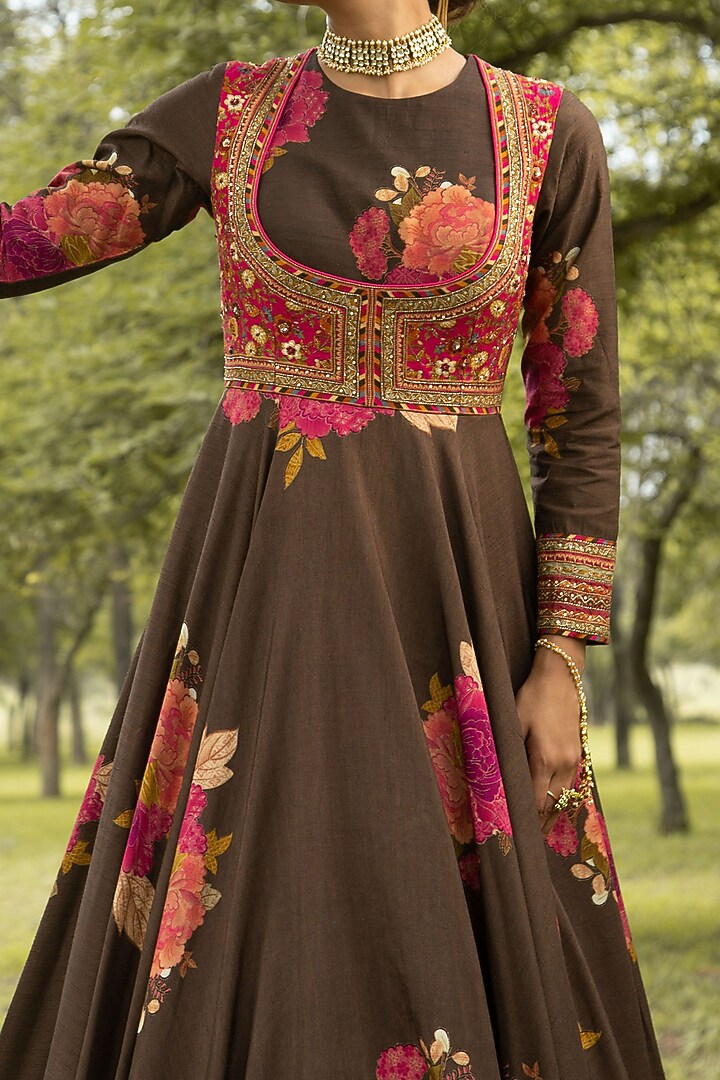 Brown Floral Hand Embroidered Wedding Anarkali Set by Kalista at Pernia's Pop Up Shop