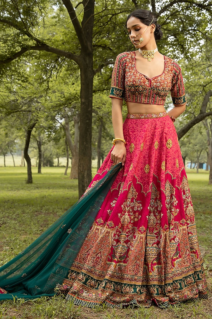 Fuchsia Hand Embroidered Wedding Lehenga Set by Kalista at Pernia's Pop Up Shop