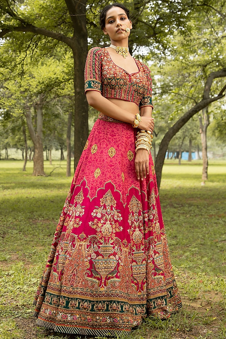 Fuchsia Hand Embroidered Wedding Lehenga Set by Kalista at Pernia's Pop Up Shop