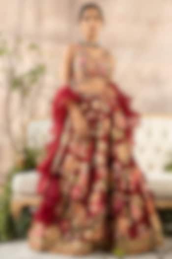Burgundy Floral Printed Wedding Lehenga Set by Kalista at Pernia's Pop Up Shop
