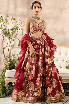 Burgundy Floral Printed Lehenga Set by Kalista-POPULAR PRODUCTS AT STORE