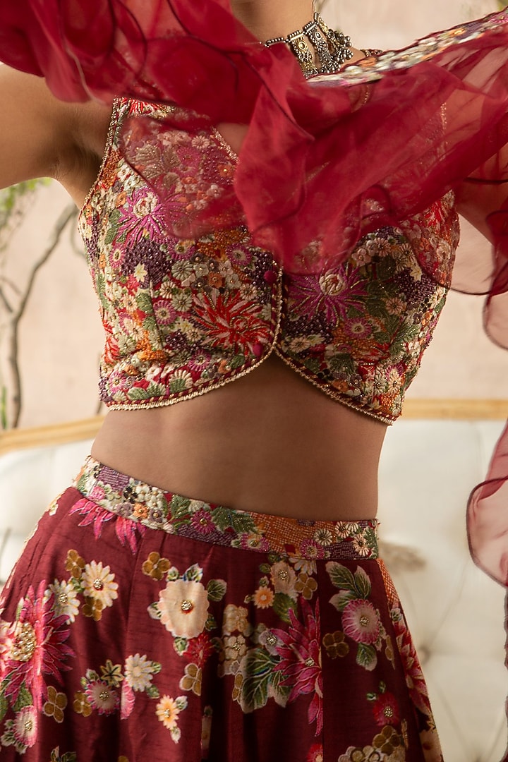 Burgundy Floral Printed Wedding Lehenga Set by Kalista at Pernia's Pop Up Shop