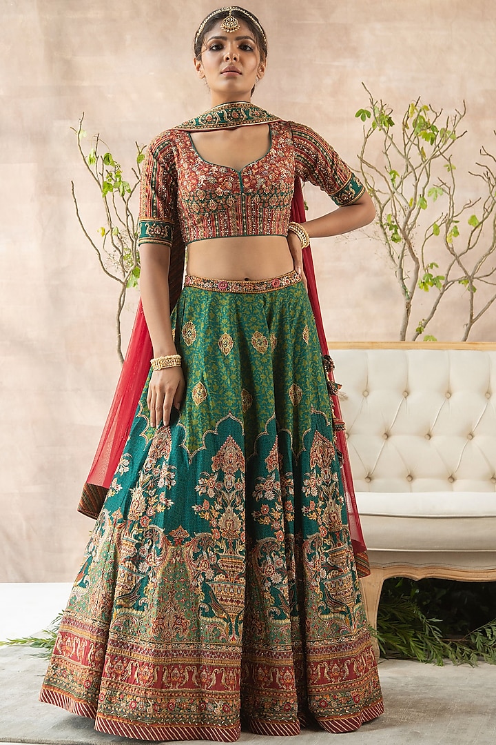Emerald Green Printed & Hand Embroidered Lehenga Set by Kalista