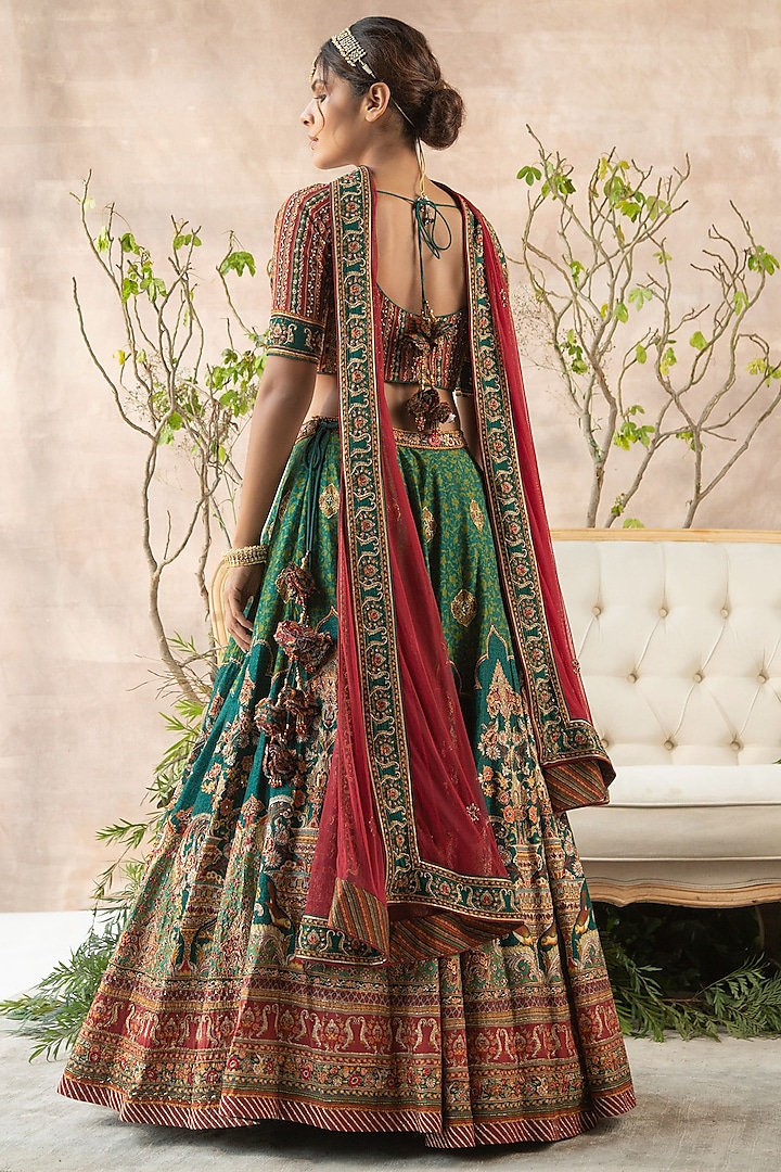 Emerald Green Printed & Hand Embroidered Wedding Lehenga Set by Kalista at Pernia's Pop Up Shop