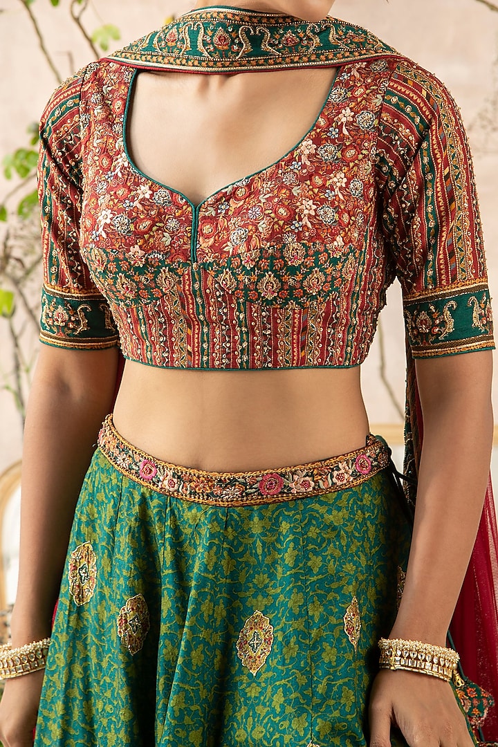 Emerald Green Printed & Hand Embroidered Wedding Lehenga Set by Kalista at Pernia's Pop Up Shop