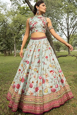 Aqua Blue Floral Printed Lehenga Set by Kalista