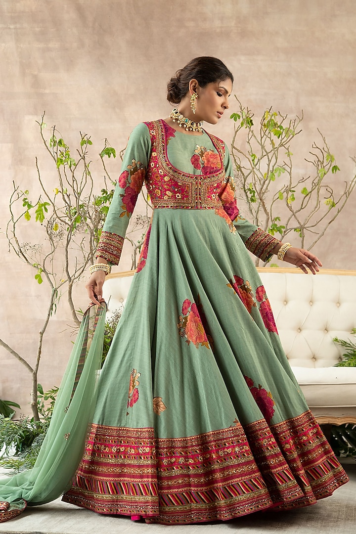 Mint Green Hand Embroidered Anarkali Set by Kalista