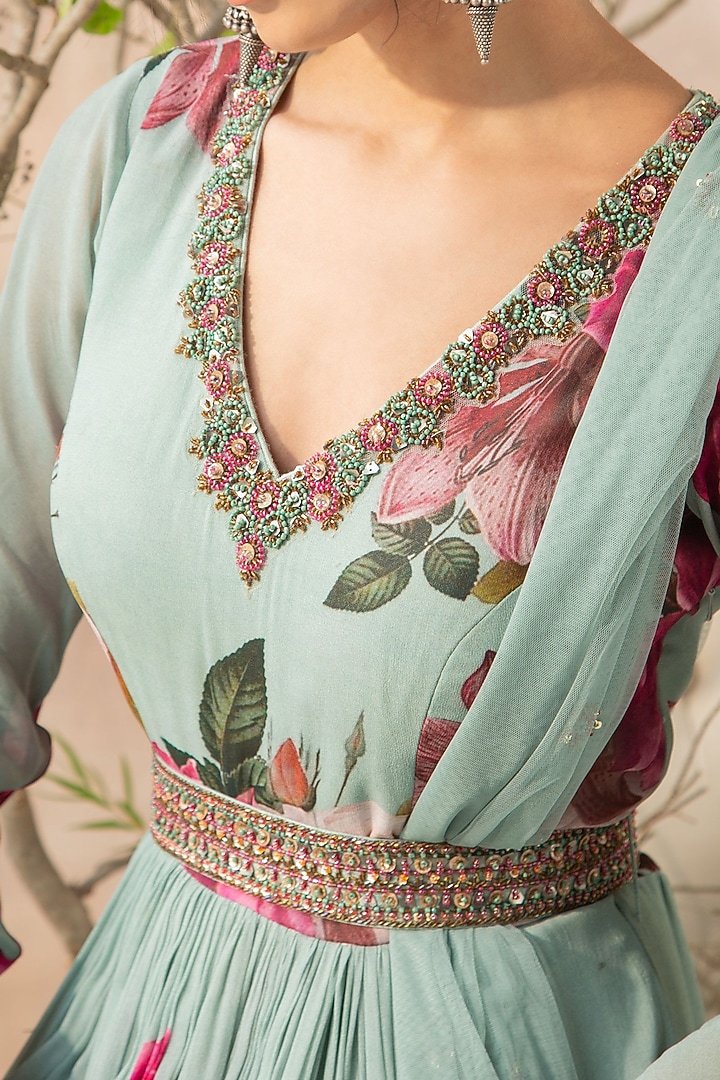 Mint Blue Embroidered Wedding Anarkali Set by Kalista at Pernia's Pop Up Shop