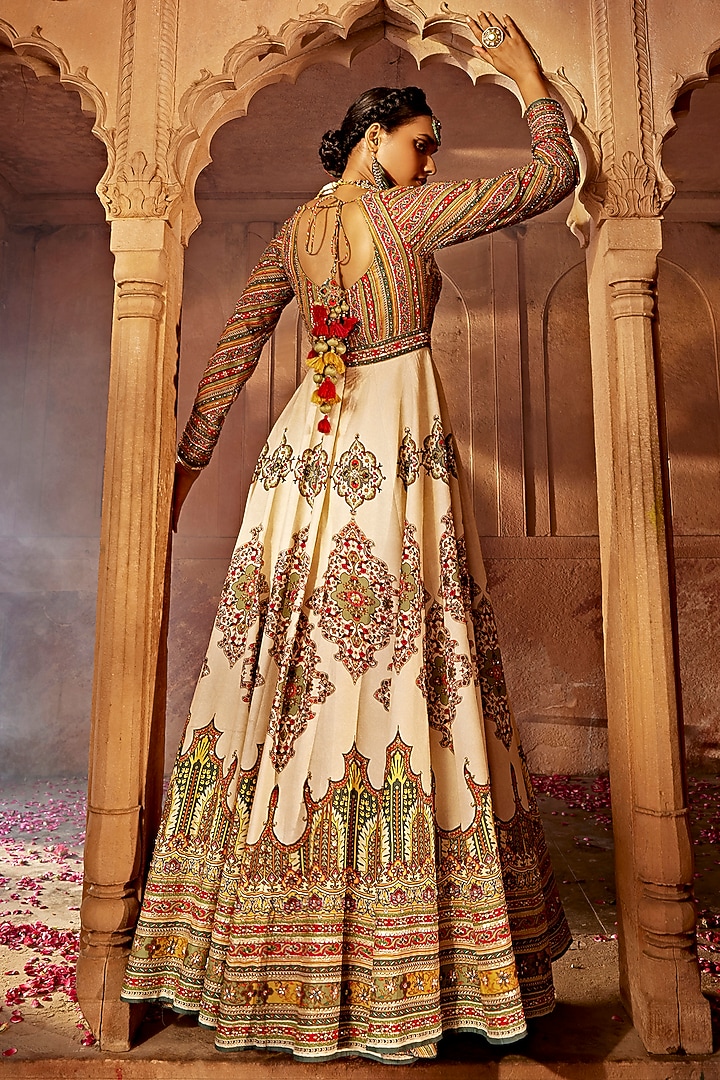 Off-White Raw Silk Sequins & Beads Hand Embroidered Wedding Anarkali Set by Kalista at Pernia's Pop Up Shop