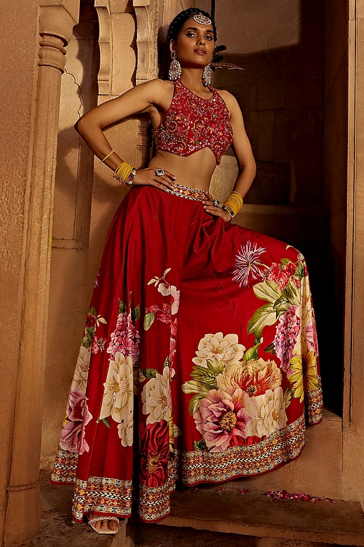 Crimson Red Raw Silk Floral Sharara Set by Kalista