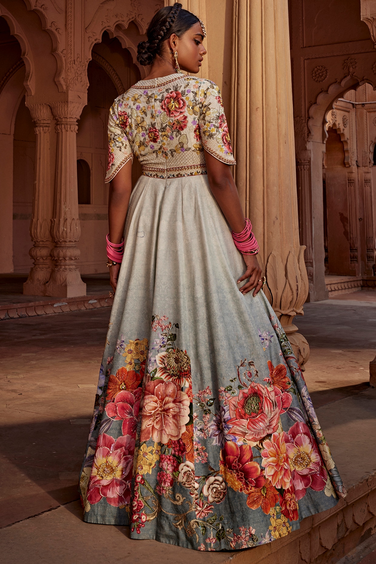 Peach color long anarkali jacket lehenga – Panache Haute Couture