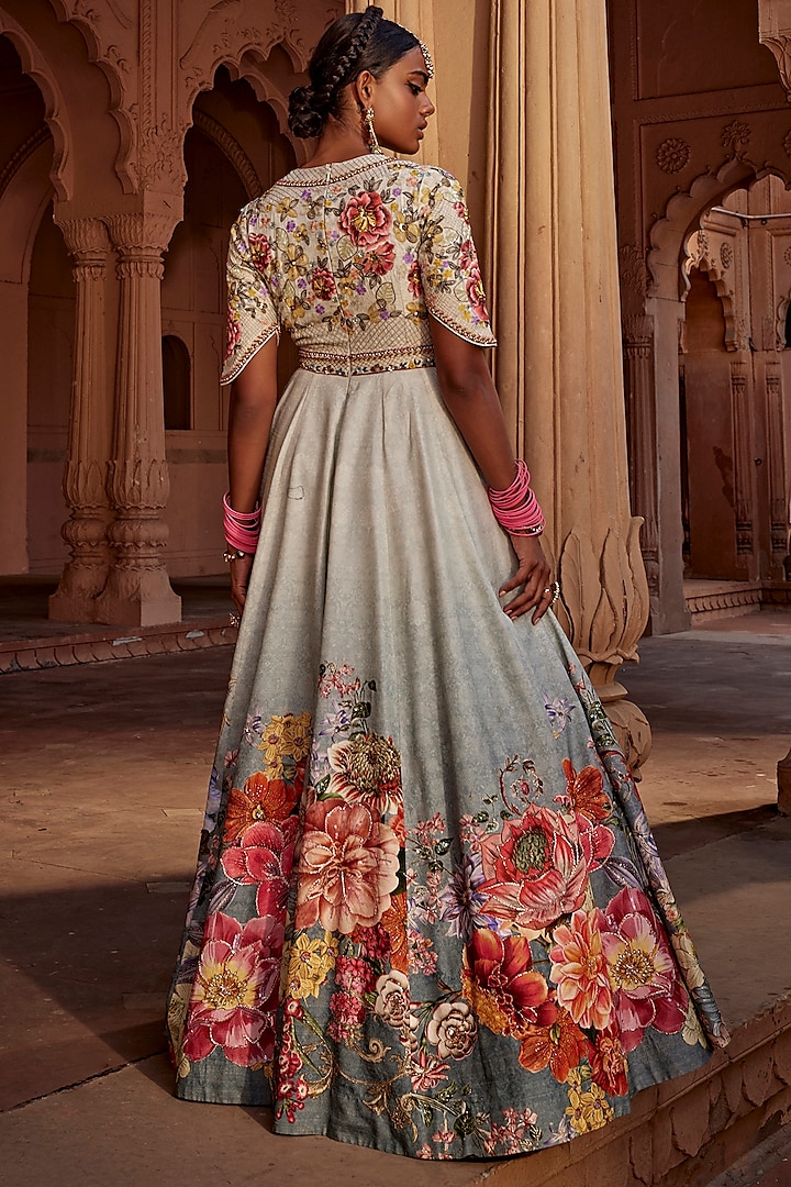 Aqua Blue Raw Silk Hand Embroidered Wedding Anarkali Set by Kalista at Pernia's Pop Up Shop