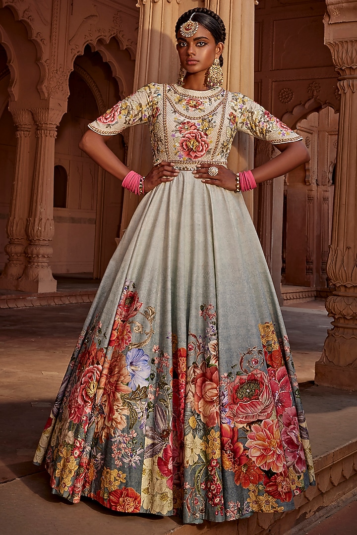 Aqua Blue Raw Silk Hand Embroidered Wedding Anarkali Set by Kalista at Pernia's Pop Up Shop