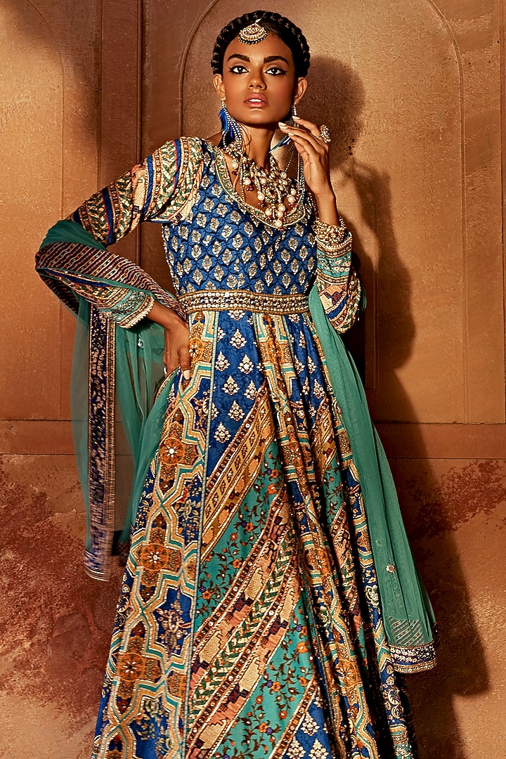 Blue Raw Silk Printed & Hand Adda Work Wedding Anarkali Set by Kalista at Pernia's Pop Up Shop