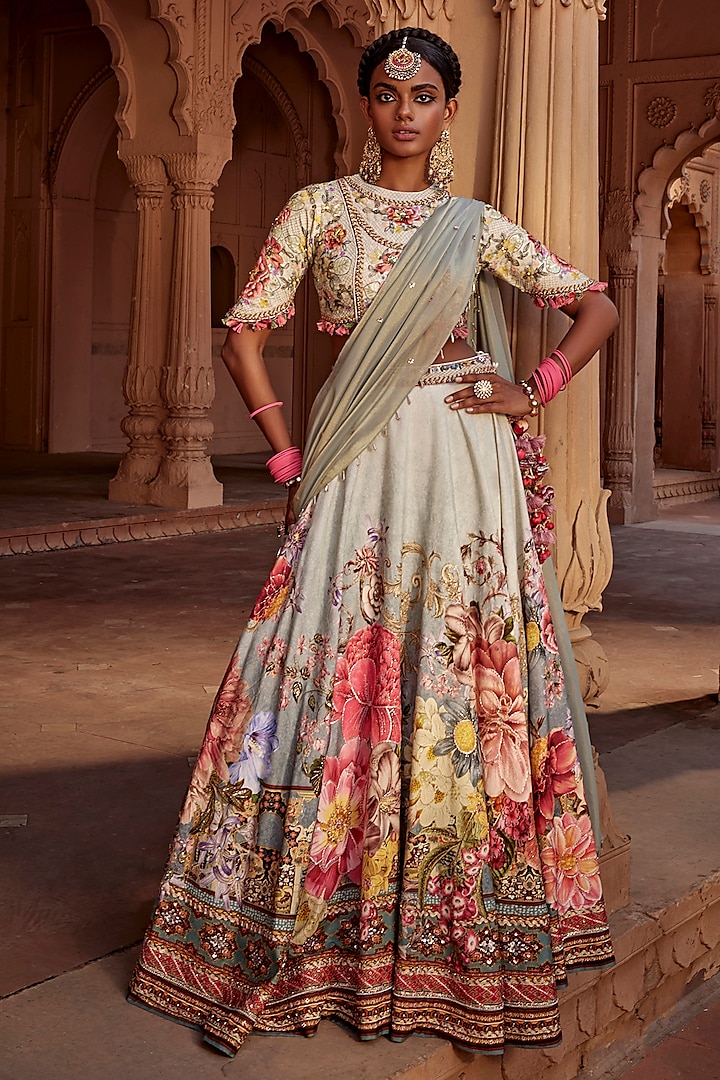 Aqua Raw Silk Hand Embroidered Wedding Lehenga Set by Kalista at Pernia's Pop Up Shop