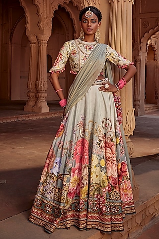 Aqua Raw Silk Hand Embroidered Lehenga Set by Kalista