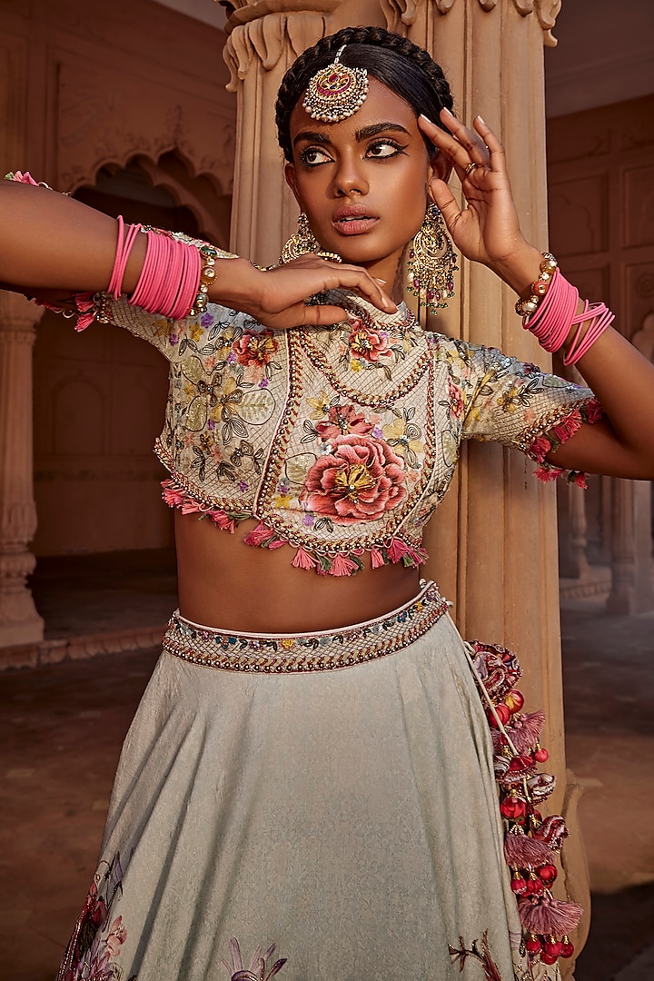 Aqua Raw Silk Hand Embroidered Wedding Lehenga Set by Kalista at Pernia's Pop Up Shop