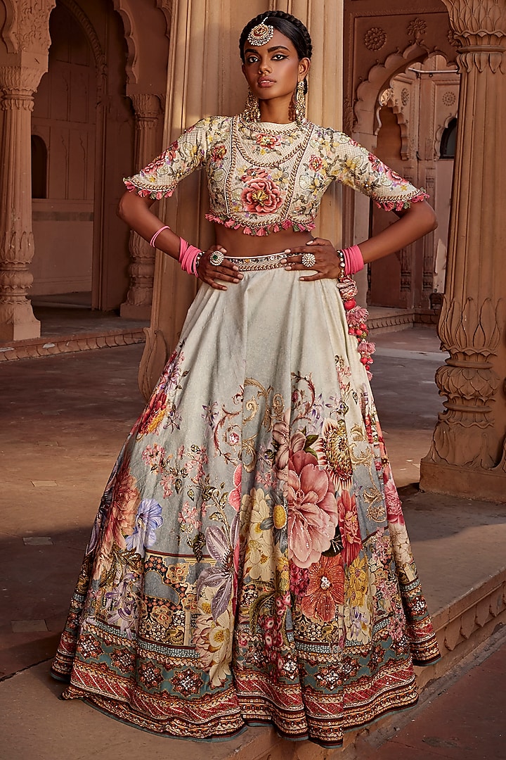 Aqua Raw Silk Hand Embroidered Wedding Lehenga Set by Kalista at Pernia's Pop Up Shop