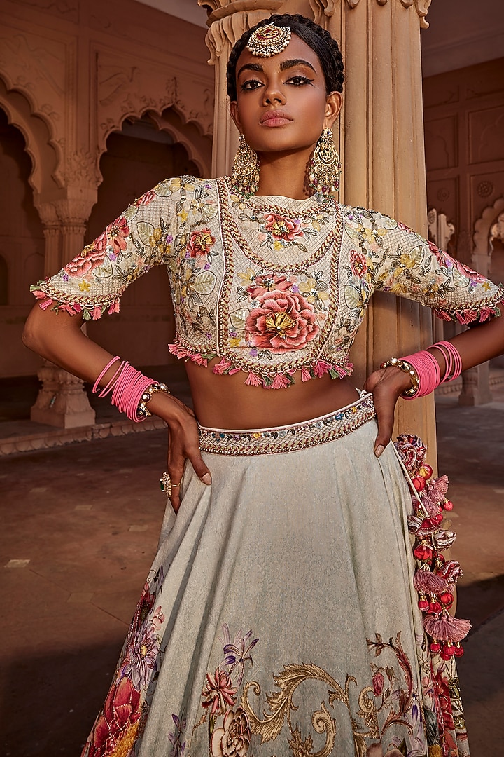 Aqua Raw Silk Hand Embroidered Wedding Lehenga Set by Kalista at Pernia's Pop Up Shop