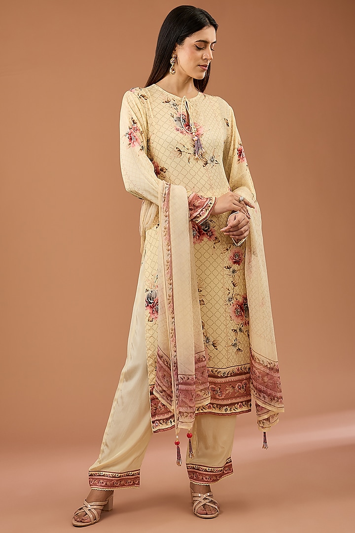 Cream Viscose Crepe Printed & Embroidered Straight Kurta Set by Kalista at Pernia's Pop Up Shop