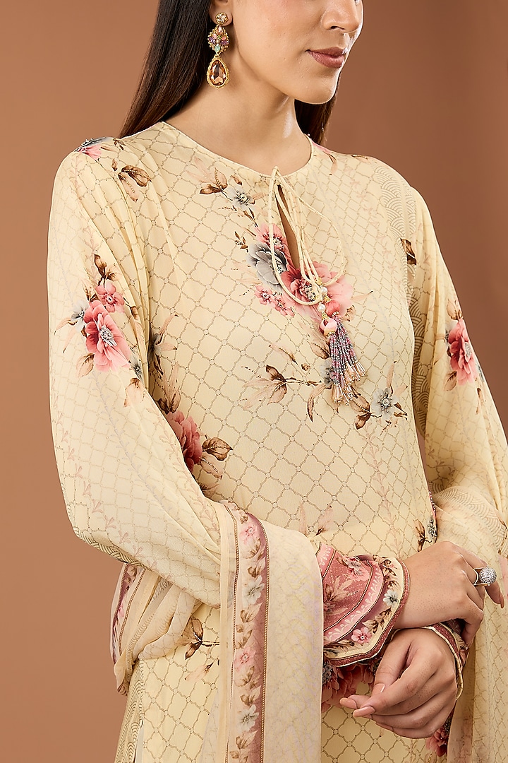 Cream Viscose Crepe Printed & Embroidered Straight Kurta Set by Kalista at Pernia's Pop Up Shop