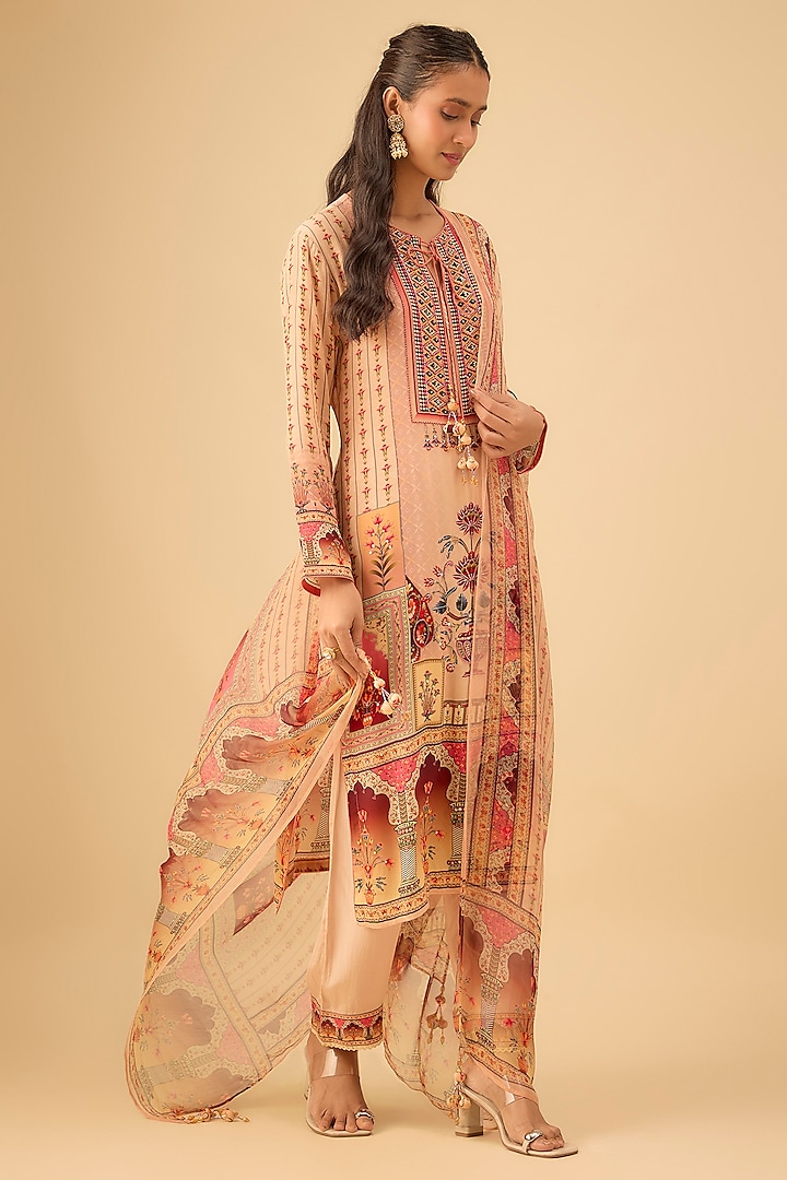 Beige Crepe Digital Printed Straight Kurta Set by Kalista at Pernia's Pop Up Shop