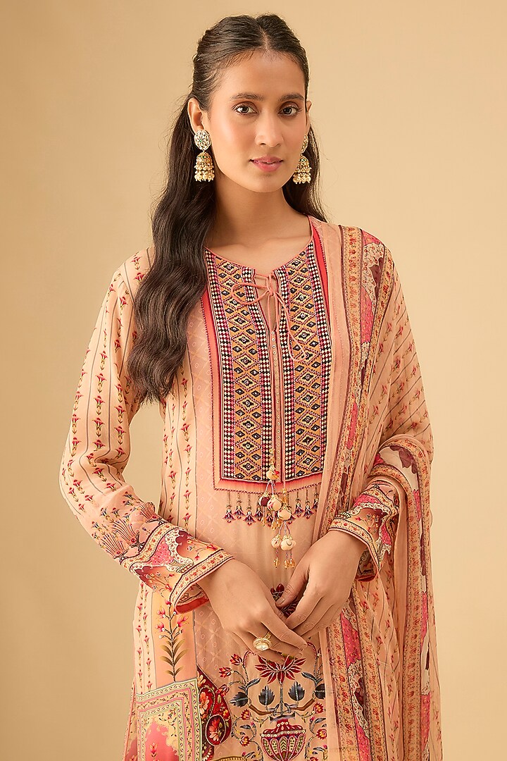 Beige Crepe Digital Printed Straight Kurta Set by Kalista at Pernia's Pop Up Shop