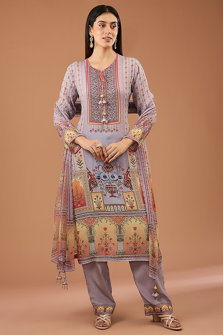 Lilac Viscose Crepe Printed & Embroidered Straight Kurta Set by Kalista at Pernia's Pop Up Shop