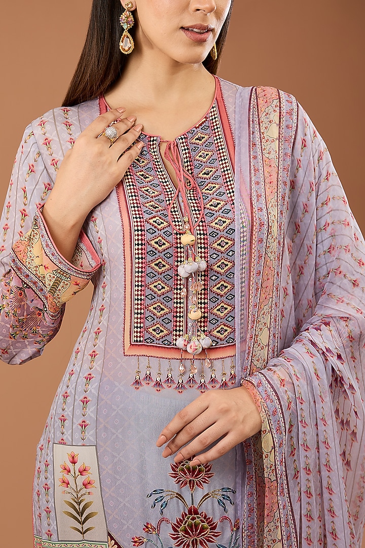 Lilac Viscose Crepe Printed & Embroidered Straight Kurta Set by Kalista at Pernia's Pop Up Shop