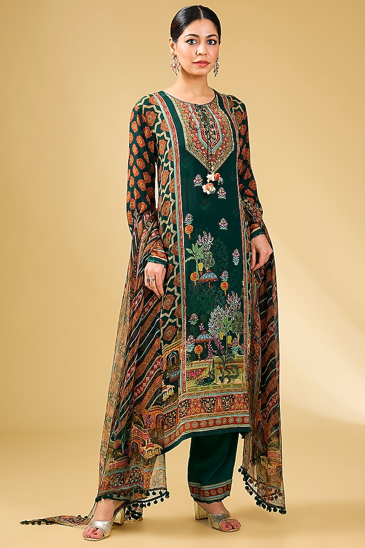 Green Viscose Crepe & Viscose Georgette Kurta Set by Kalista at Pernia's Pop Up Shop