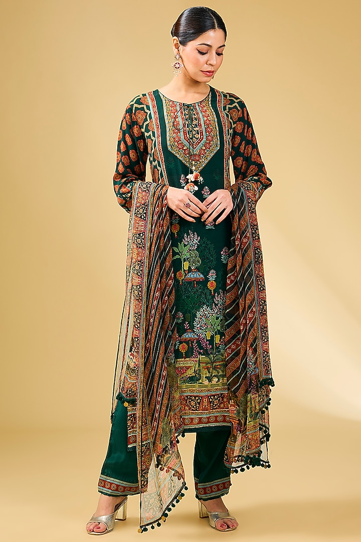 Green Viscose Crepe & Viscose Georgette Kurta Set by Kalista at Pernia's Pop Up Shop