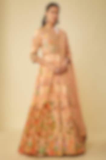 Beige Viscose Silk Hand Embroidered & Printed Wedding Anarkali Set by Kalista at Pernia's Pop Up Shop
