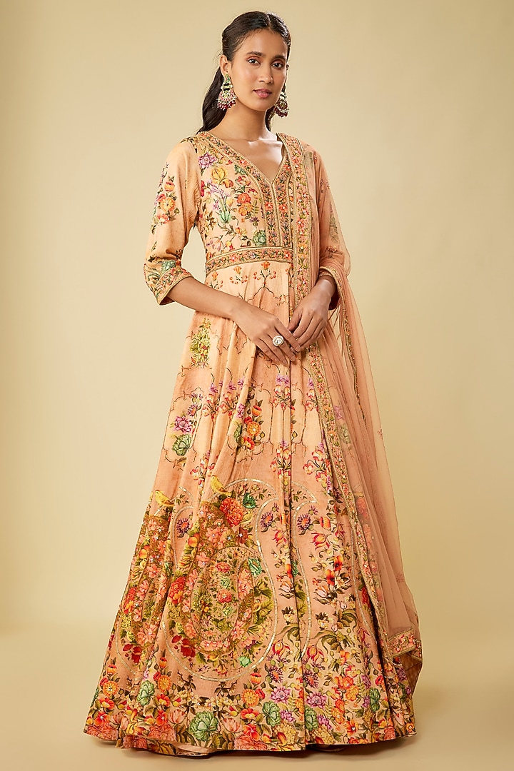 Beige Viscose Silk Hand Embroidered & Printed Wedding Anarkali Set by Kalista at Pernia's Pop Up Shop