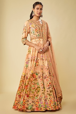 Beige Viscose Silk Hand Embroidered & Printed Anarkali Set by Kalista