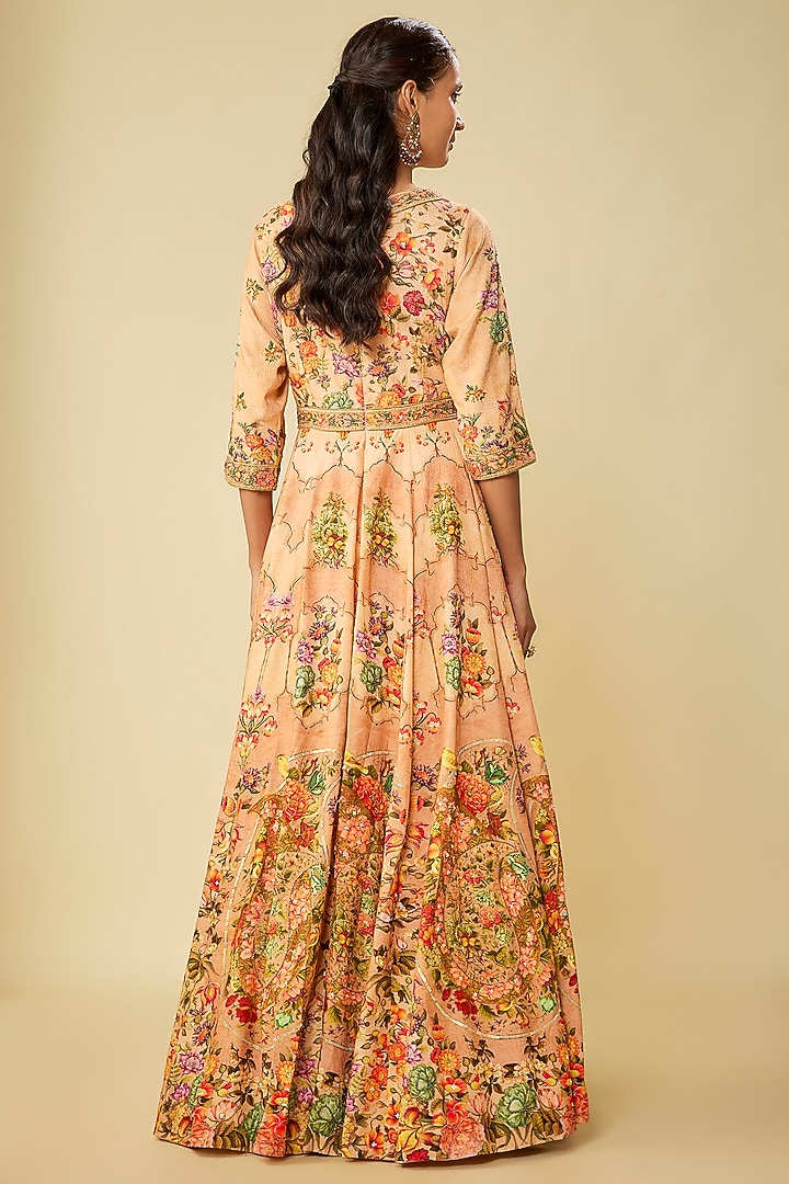 Beige Viscose Silk Hand Embroidered & Printed Wedding Anarkali Set by Kalista at Pernia's Pop Up Shop