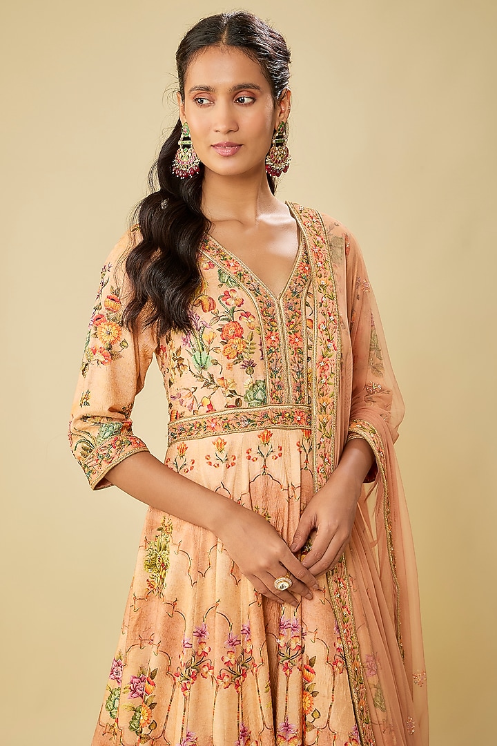 Beige Viscose Silk Hand Embroidered & Printed Wedding Anarkali Set by Kalista at Pernia's Pop Up Shop