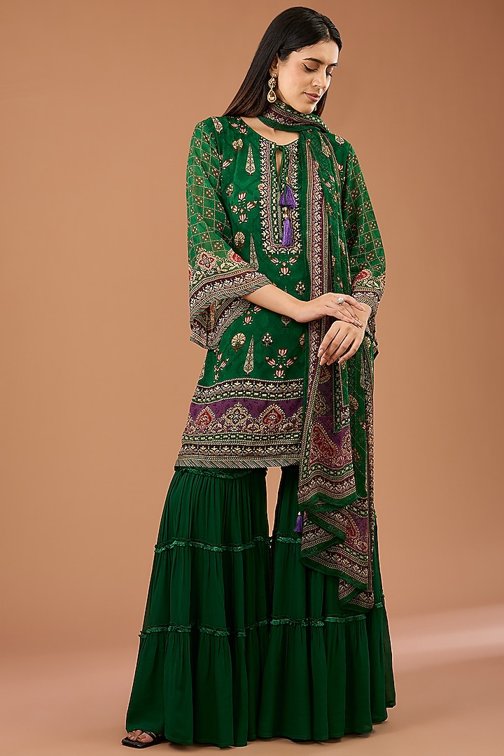 Green Viscose Georgette Gharara Set by Kalista at Pernia's Pop Up Shop