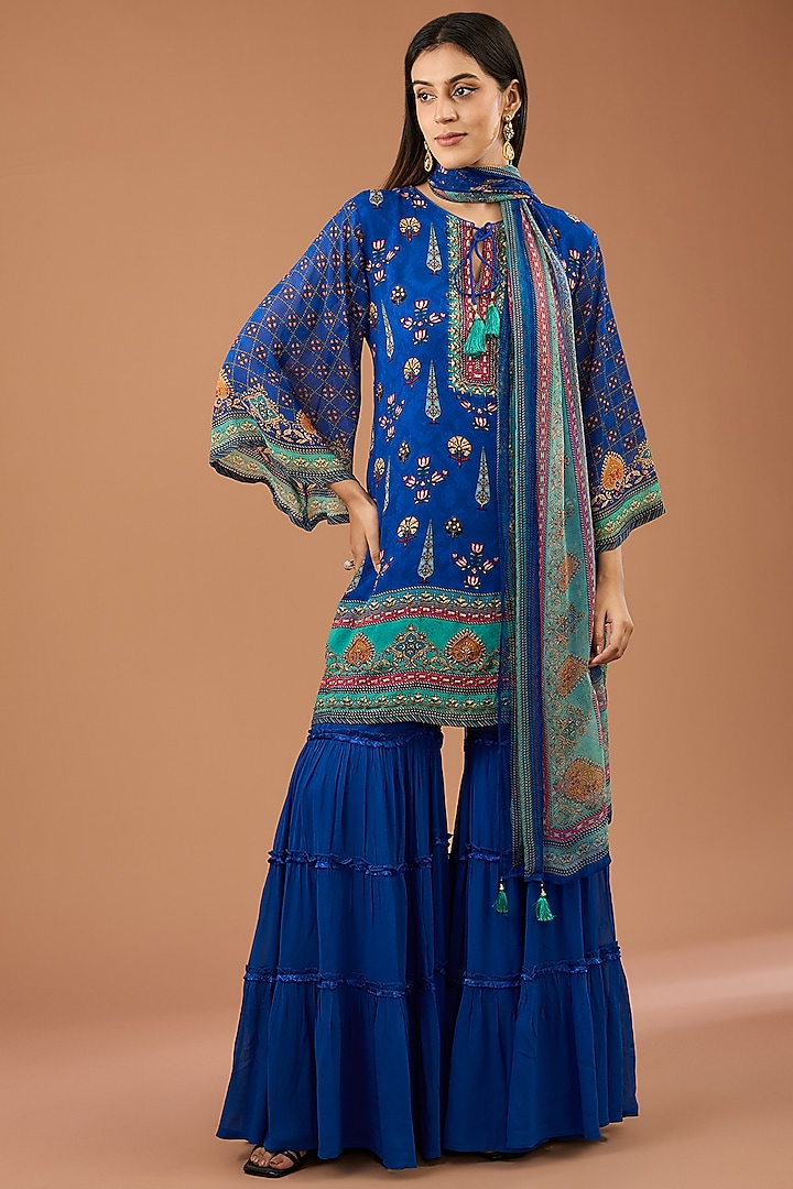 Blue Viscose Georgette Gharara Set by Kalista at Pernia's Pop Up Shop