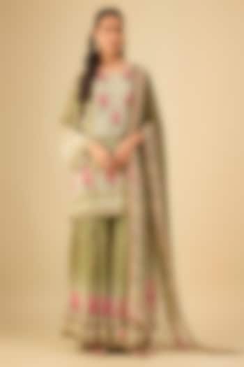 Olive Green Viscose Georgette Floral Printed Gharara Set by Kalista at Pernia's Pop Up Shop