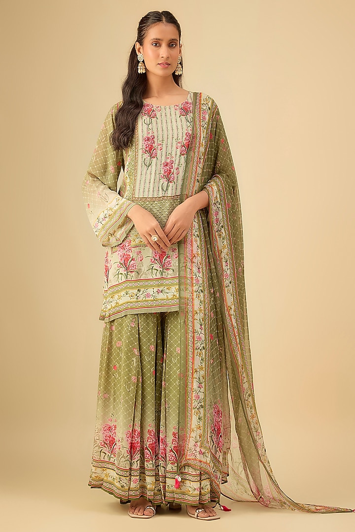 Olive Green Viscose Georgette Floral Printed Gharara Set by Kalista at Pernia's Pop Up Shop