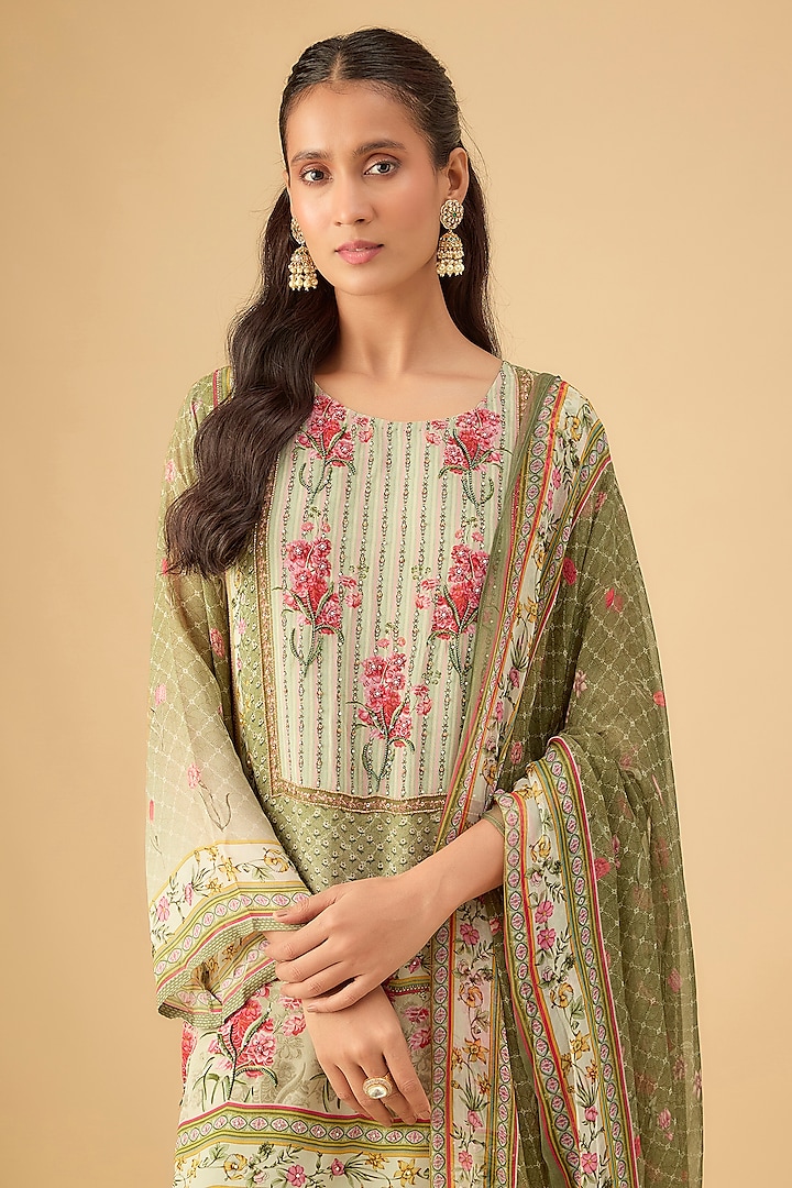 Olive Green Viscose Georgette Floral Printed Gharara Set by Kalista at Pernia's Pop Up Shop