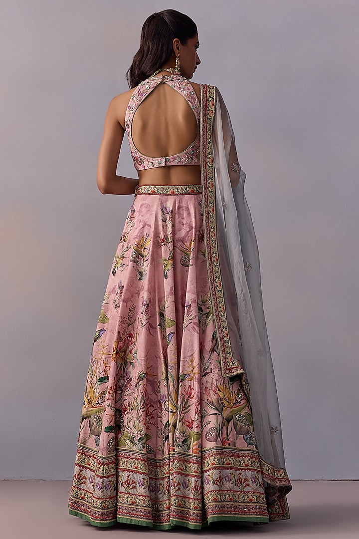 Powder Pink Viscose Silk Hand Painted & Floral Motif Embroidered Wedding Lehenga Set by Kalista at Pernia's Pop Up Shop