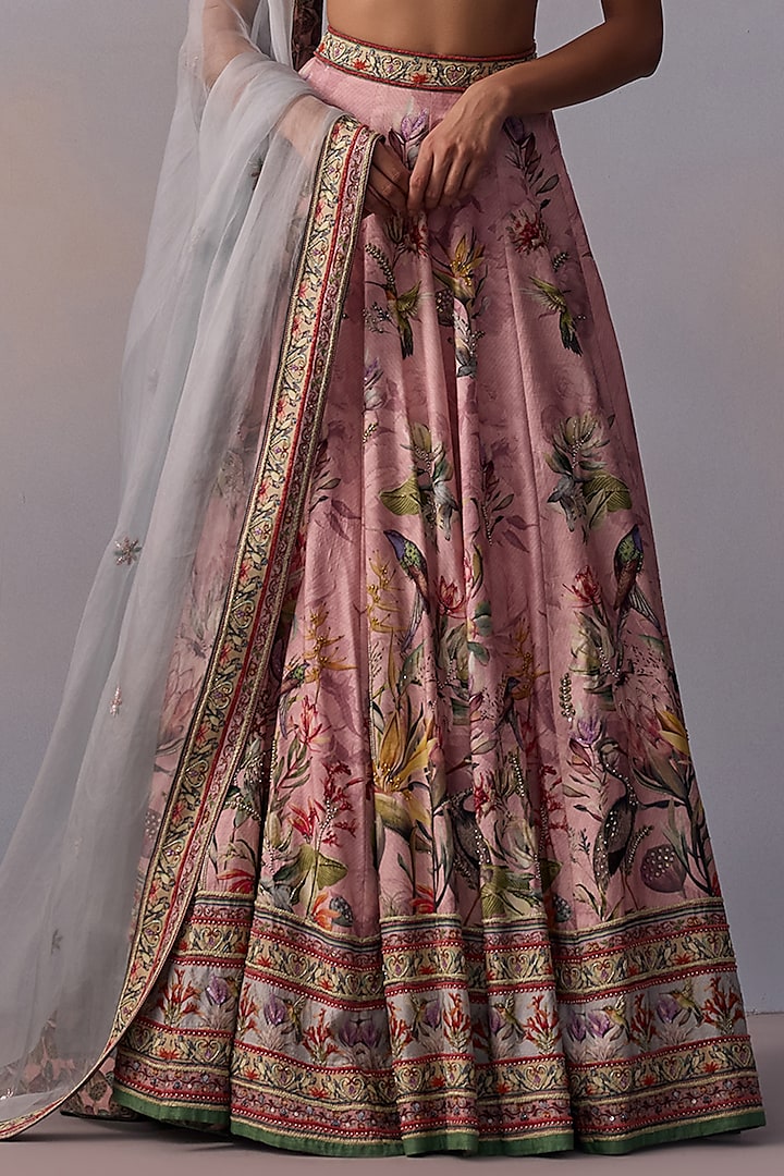 Powder Pink Viscose Silk Hand Painted & Floral Motif Embroidered Wedding Lehenga Set by Kalista at Pernia's Pop Up Shop