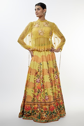Yellow Viscose Silk Lehenga Set by Kalista