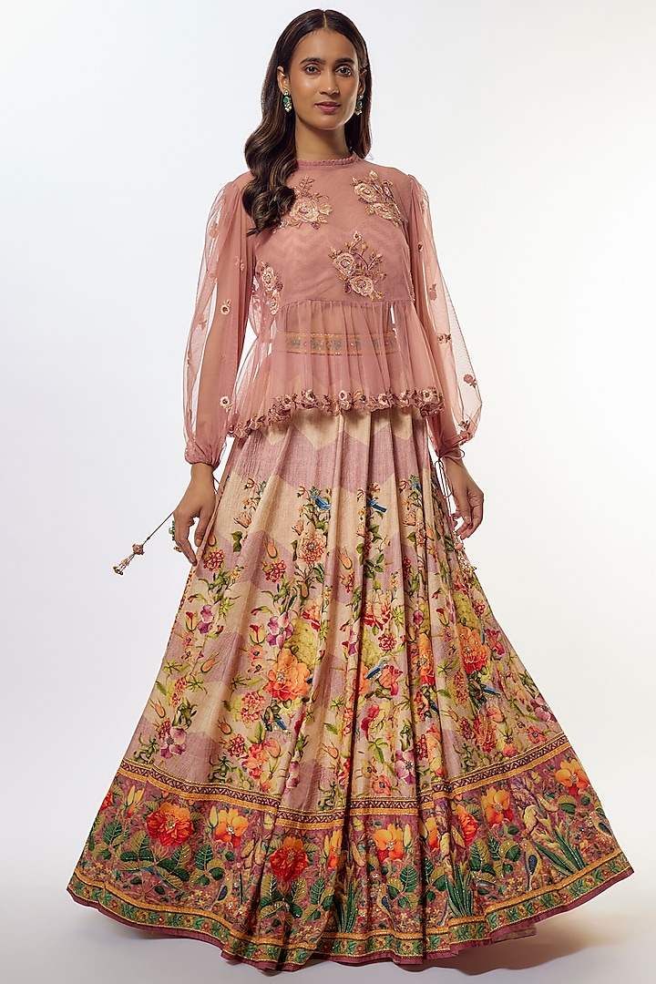 Peach Viscose Silk Jacket Wedding Lehenga Set by Kalista at Pernia's Pop Up Shop