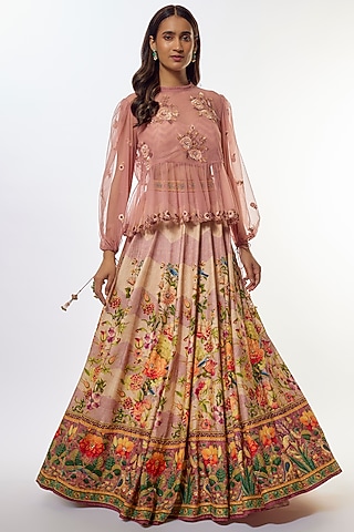 Peach Viscose Silk Jacket Lehenga Set by Kalista