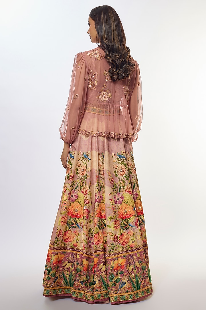 Peach Viscose Silk Jacket Wedding Lehenga Set by Kalista at Pernia's Pop Up Shop